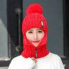 Coral Fleece Women Knitted Hats Add Fur Warm Winter Hats for Women with Zipper Scarf Keep Face Warmer Balaclava Pompoms Cap